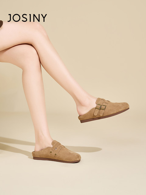 Zhuoshini Birken shoes women's shoes toe half slippers wear 2025 new genuine leather flat-soled thick-soled retro lazy shoes