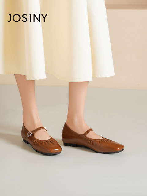 ZhuoShini Marie Jane Women's 2025 new spring and autumn French shallow mouth leather shoes with high pleated flat sole shoes

