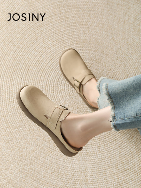 Zhuoshini leather-faced Birkenstock shoes for women 2025 summer new style bag-toe half-slippers wear versatile and one-foot-punch Muller-drag