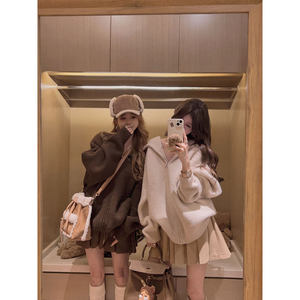 Yukiss high weight hooded wool knitted sweater cardigan coat for women autumn and winter Korean style loose warm top