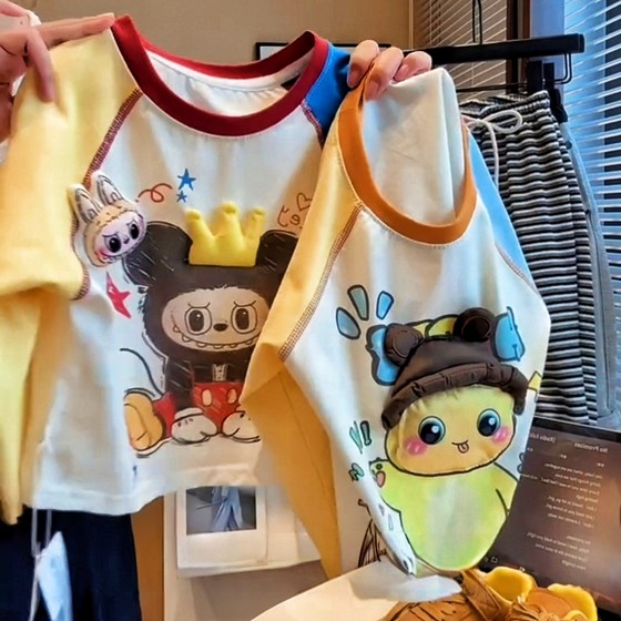 
Spring and Autumn long-sleeved T-shirt color-blocked Korean version children's cartoon doll three-dimensional boy and girl Labbu Milk Dragon pure cotton top