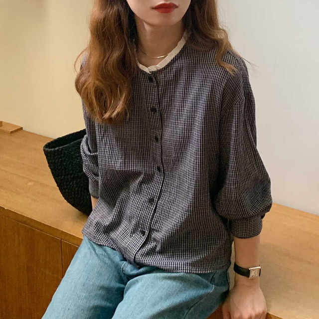 Big Blow Women DCN Early Autumn Homemade Imported Dark Gray Coffee Plaid White Small Stand Collar Spliced ​​Cotton Yarn Long Sleeve Shirt Women