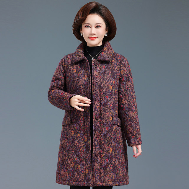 Middle-aged and elderly women's mid-length cotton-padded clothes for mothers winter printed cotton-padded coats grandma's fashionable and loose old lady's cotton-padded jackets