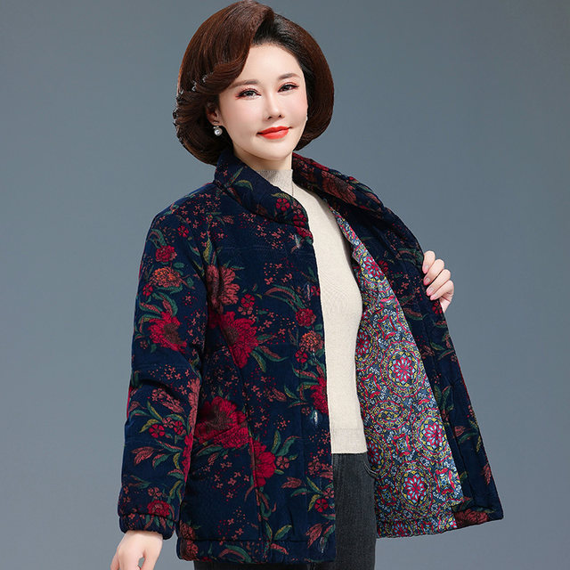 Mother's winter cotton coat, short corduroy cotton jacket for the elderly, women's thickened loose pure cotton grandma outfit, large flower cotton coat