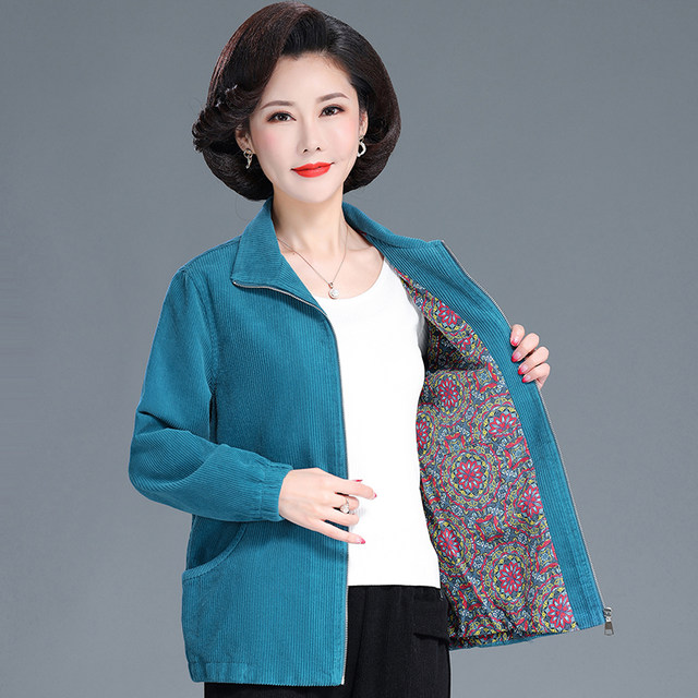 Middle -aged and elderly women's autumn clothes outer cotton cotton cotton core velvet elderly clothes strip poured jacket large size loose grandma top
