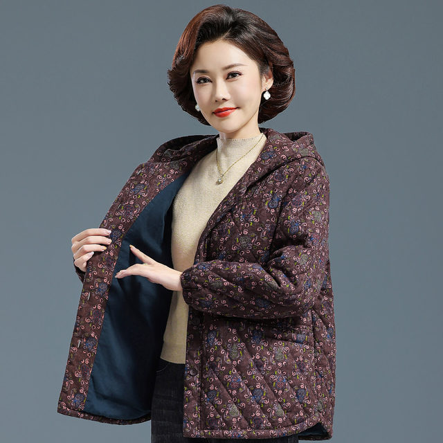 Mom's autumn and winter new jacket middle-aged and elderly women's hooded pure cotton cotton loose large size floral cotton jacket grandma's suit