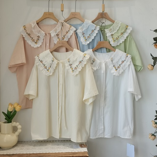 Spring and summer embroidered lace doll collar short-sleeved shirt for women Risen series loose age-reducing slimming college style versatile shirt
