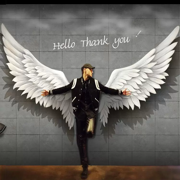 網紅打卡拍照粉色天使翅膀壁紙直播間壁紙奶茶美甲店裝飾壁畫