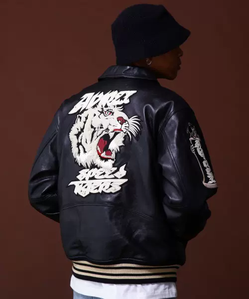 AVIREX VARSITY JACKET TIGER 刺绣老虎羊革皮衣夹克外套男款-Taobao