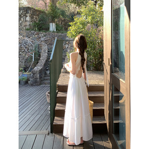 
MG Little Elephant Elegant Aesthetics' French Backless Lace Dress Women's Summer Temperament White Waist Suspender Long Skirt