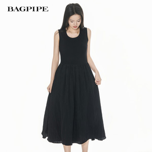 
New spring French vest dress for bagpipes for women with high waist slim splicing black skirt simple temperament long skirt