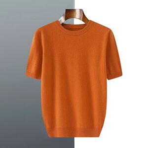 Spring men's short-sleeved T-shirt sweater loose quarter-sleeved knitted solid color wool thin top cashmere half-sleeved
