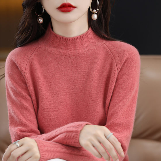 New autumn and winter women's half-high neck thickened solid color wool sweater pullover warm sweater twisted flower fashionable inner knitted
