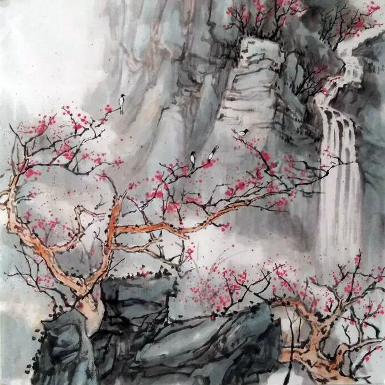 白雪石国画手绘临摹山水四尺斗方瀑布画心未裱无款