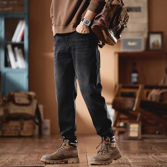 
Black fat plus size stretch jeans for men slim fit small feet straight nostalgic trend spring and autumn casual trousers