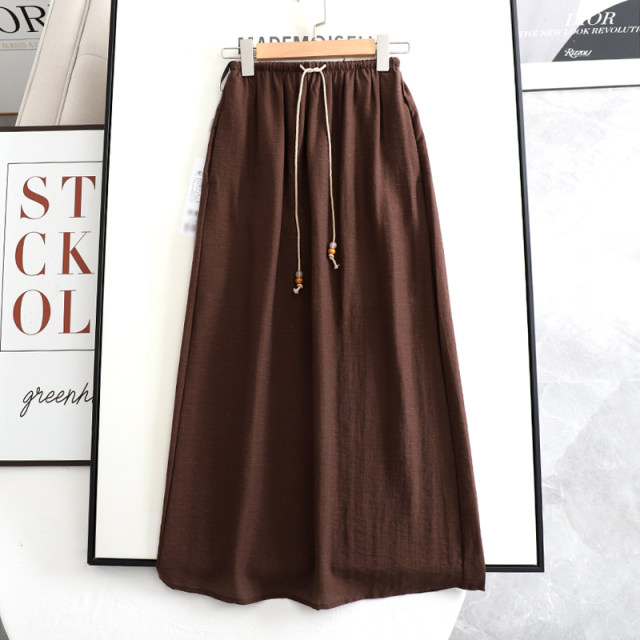 
Poetry 2025 summer new fashionable and versatile elastic waist strap red brown mid-length A-line skirt for women