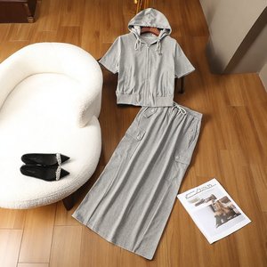 
245430 Super Value-for-Fine Women's Clothing and Casual Women's Hooded Summer Short Sleeve Jacket Skirt Set