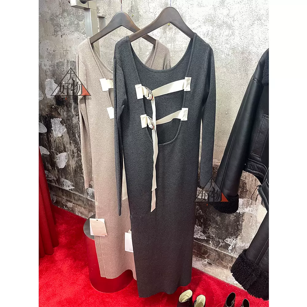 日本代购LEINWANDE Belted Knit Dress 侧开衩露背针织连衣裙-Taobao