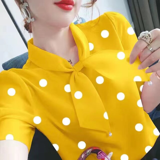 Puff sleeve chiffon shirt for women 2024 summer new loose slim polka dot large size bow short-sleeved top