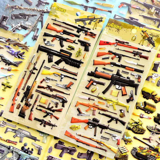 Boys and children's stickers military guns, weapons, aircraft, tanks, three-dimensional bubble stickers, baby puzzle toy paste art