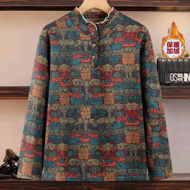 Autumn and winter new printed fungus bottoming shirt for middle-aged and elderly mothers plus velvet and thickened warm clothes grandma women's T-shirt