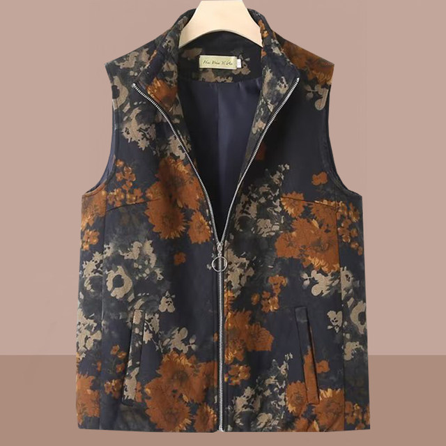 
Spring and Autumn Printed Vest and Fat Plus Large Size Middle-aged and Elderly Fashionable Mothers Wear Loose Ethnic Style Horse Clip Jacket