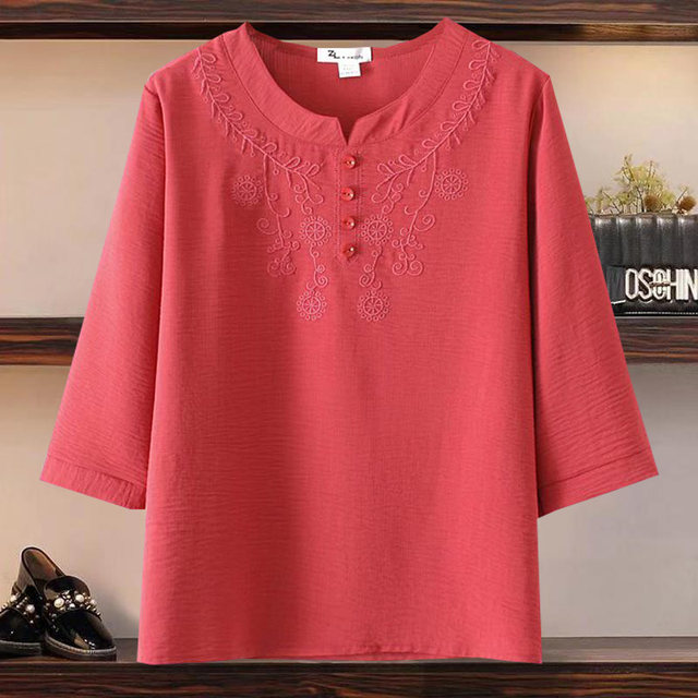 Three-quarter sleeve embroidered small shirt plus size women's clothing for middle-aged and elderly mothers summer clothing ethnic style foreign style mother-in-law cotton and linen T-shirt t