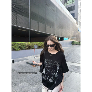 
superniniyy mottled distressed tee cool literary and artistic distressed vintage pattern loose short-sleeved T-shirt for women summer