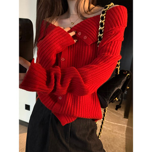 superniniyy Christmas Eve atmosphere, multiple ways to wear 100% wool red cuffed off-shoulder sweater for women