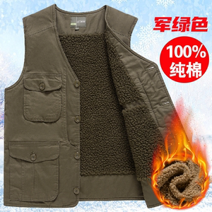 
Autumn and winter velvet thickened vest pure cotton men's multi-pocket vest lamb velvet vest middle-aged and elderly warm vest