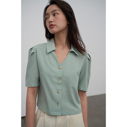 Nothingnowhere Fw22 Pretty V-neck Puff Sleeves Three-dimensional Textured Short-sleeved Lightweight Shirt Top