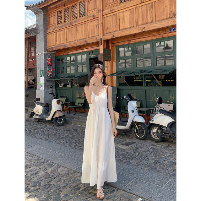 MULVAN white dress women's v-neck suspender skirt high-end loose temperament long skirt vacation style fairy skirt