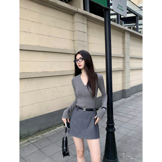 MULVAN gray skirt for women new high-waisted hip A-line skirt versatile anti-exposure skirt pants
