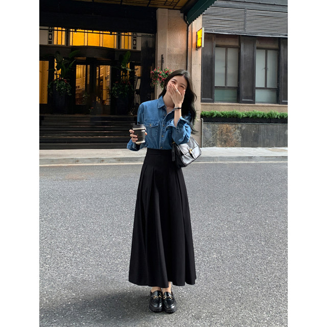 MULVAN black high-waisted suit skirt for women with high-end slim a-line pleated skirt temperament long skirt umbrella skirt