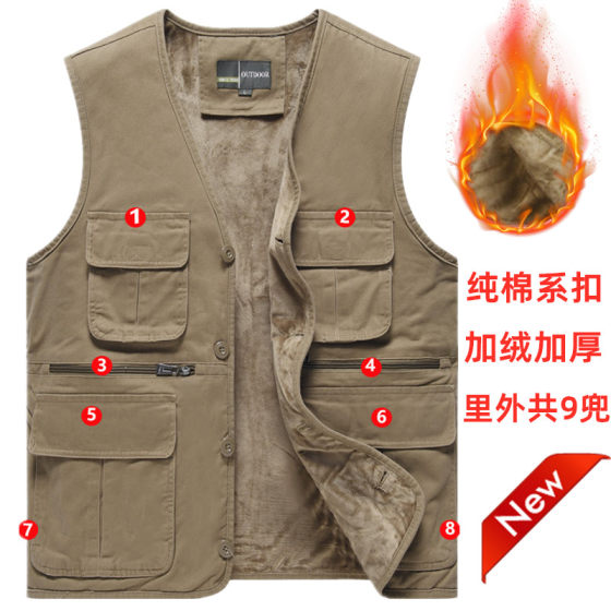 
100% pure cotton button vest autumn and winter plus velvet and thickened men's multi-pocket vest and fat vest for middle-aged and elderly people