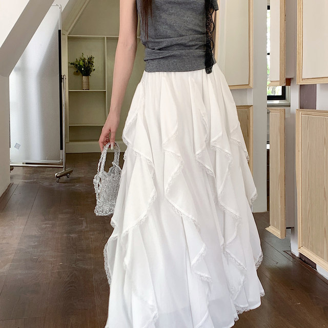 
Large size white ruffled irregular high waist skirt with female fat summer sister gentle drooping slim and versatile long skirt