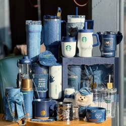 Starbucks Denim Coffee Cup Denim Pocket Retro Ceramic Coffee Mug Crossbody Large Capacity Stainless Steel Cup