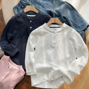 
Children's bamboo joint full cotton long-sleeved T-shirt for boys and girls pure cotton base shirt Henry collar autumn clothes Middle-aged and big children Spring style