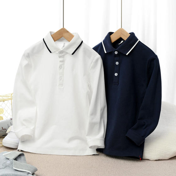 Children's pure cotton POLO shirt school uniform boys and girls long -sleeved tops in the big children's T -shirt bottom shirt spring style children's clothing
