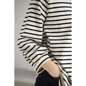 
Age-reducing versatile lantern sleeves Women's pure cotton striped quarter-sleeved T-shirt Loose base shirt Women's clothing