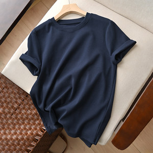 
[Cyan] Large size women's pure cotton short-sleeved Navy blue round neck T-shirt Shandong online store Spring and summer women's clothing