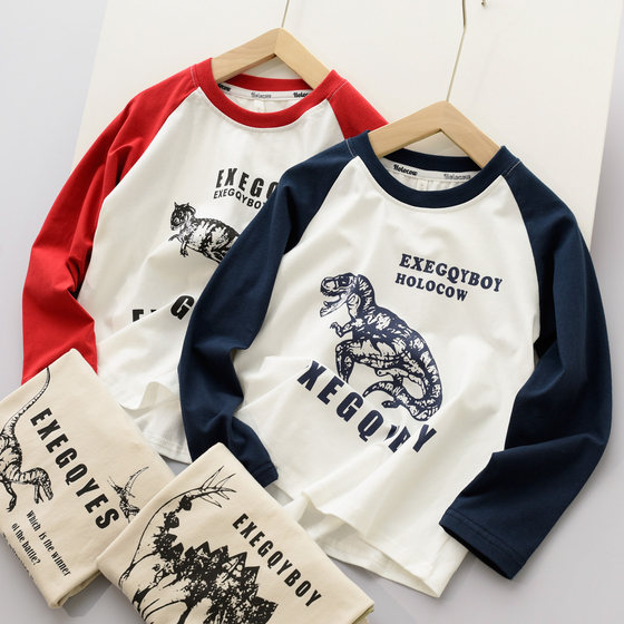 170 Children's pure cotton cartoon T-shirt for boys round neck color-blocking long-sleeved base shirt for middle and big children's spring and autumn children's clothing