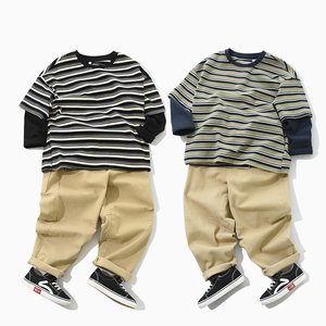 
Colored cotton, children's fake two-piece T-shirt, striped long-sleeved shirt for boys and girls, 180 medium-sized children's spring and autumn style children's clothing