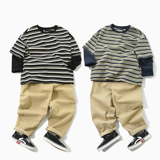 
Colored cotton, children's fake two-piece T-shirt, striped long-sleeved shirt for boys and girls, 180 medium-sized children's spring and autumn style children's clothing