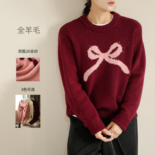 Double-strand 26-stick yarn women's full wool sweater round-neck idea knitted bow top winter women's clothing