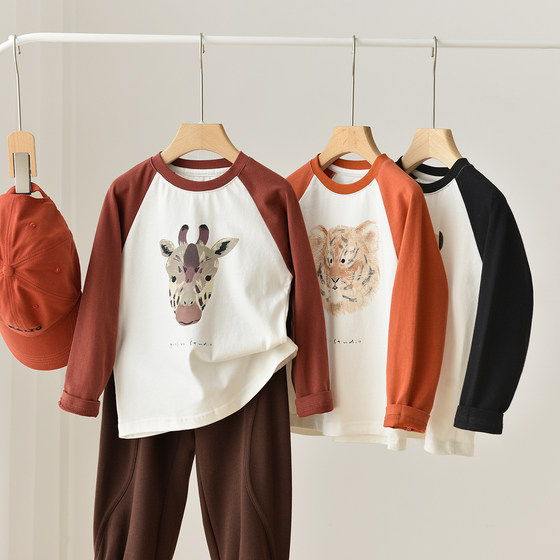 
Children's pure cotton raglan sleeve base shirt for boys and girls' all-cotton cartoon round neck long-sleeved T-shirt for spring and autumn children's clothing