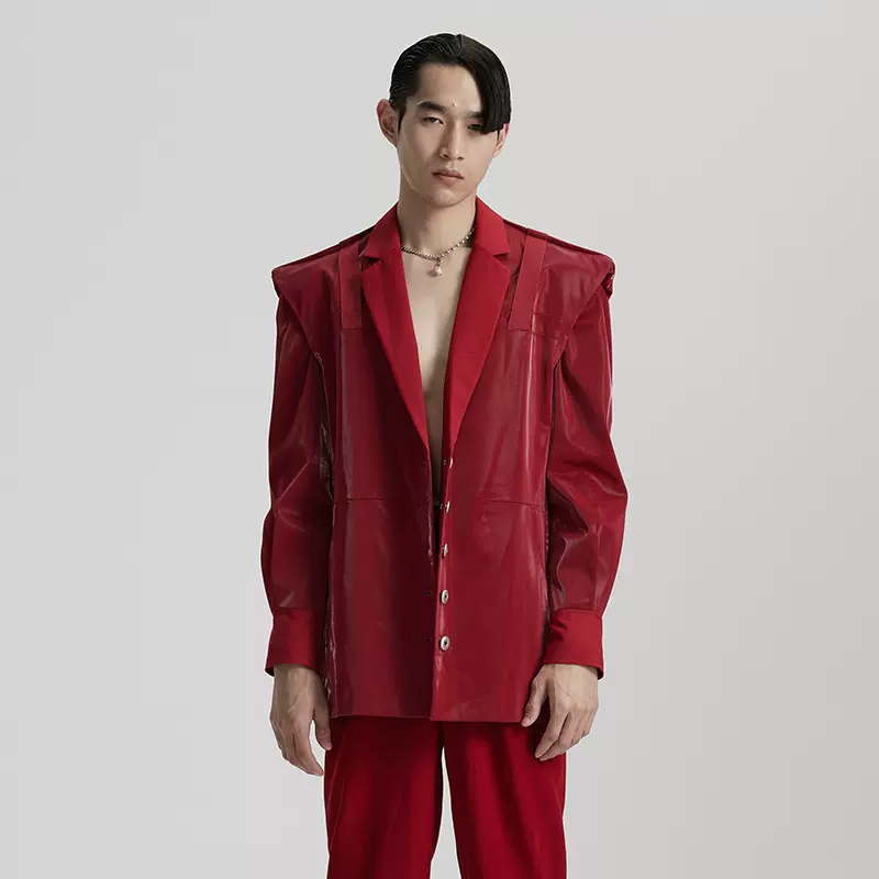 Esa Liang梁冰琴原创设计师款森林之灵系列独特设计红色皮质外套-Taobao