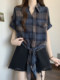 Large size Hong Kong style retro plaid design lace-up waist shirt fat mm slimming unique POLO neck temperament shirt