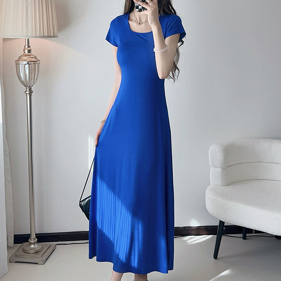 
Square neck short-sleeved modal dress with long ankle high waist slim A-line large hem skirt simple skirt for women