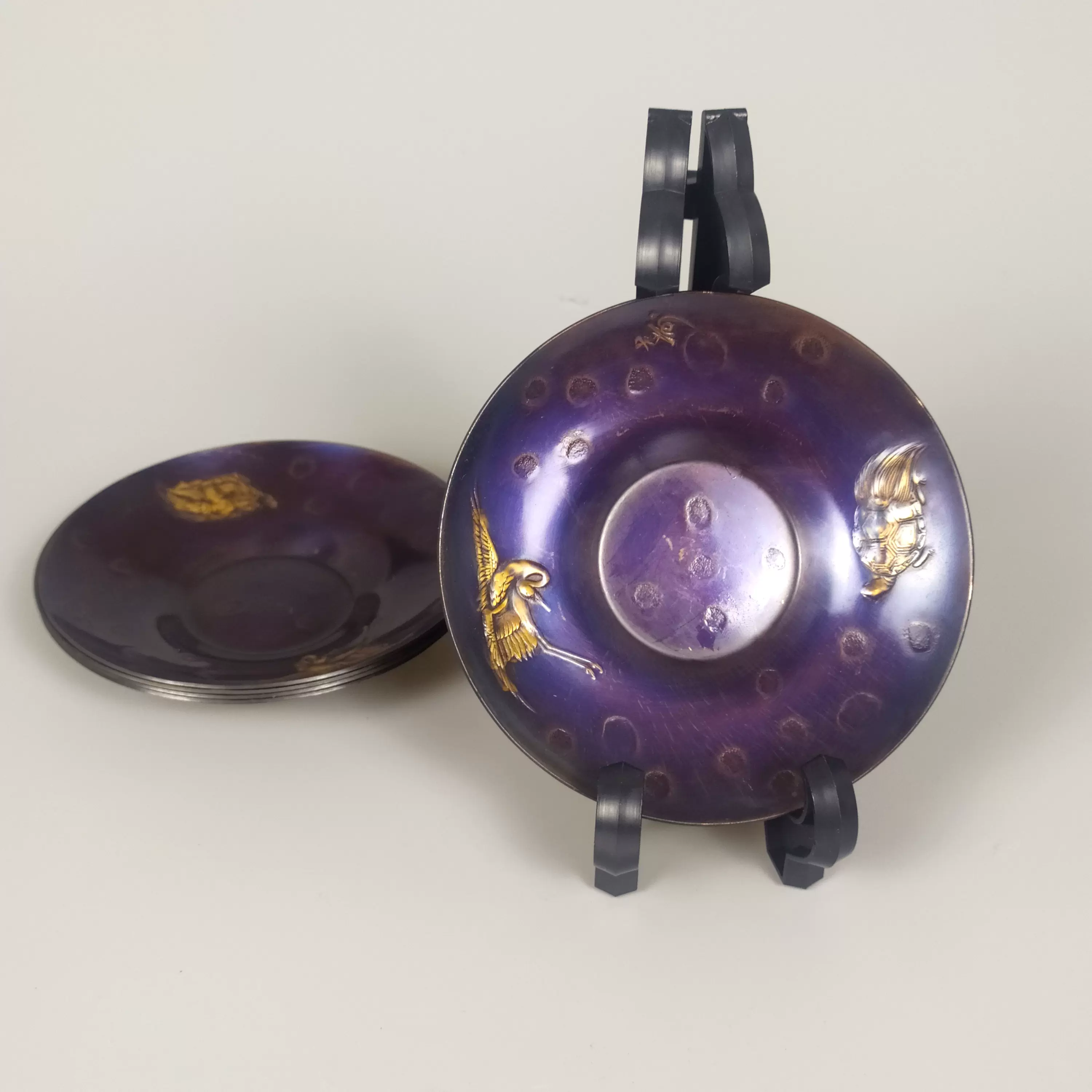 純銅「 美幸堂 」紫小紋 蟹 茶托 揃い